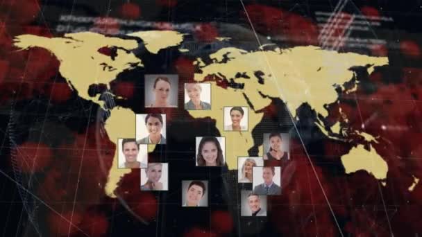 Animação Digital Ícones Perfil Formando Globo Sobre Mapa Mundo Contra — Vídeo de Stock
