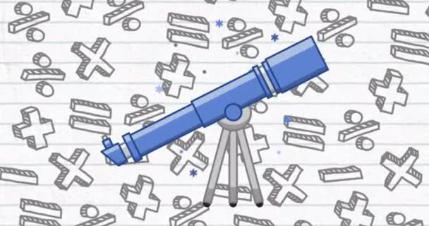 背景に複数の浮動数学記号を持つ望遠鏡のピクトグラムのアニメーション 学校のコンセプトに戻る教育デジタル生成された画像 — ストック動画