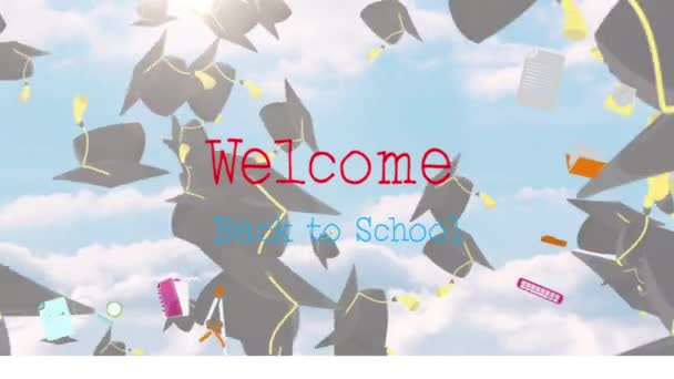 Animação Texto Back School Sobre Vários Bonés Graduação Caindo Com — Vídeo de Stock