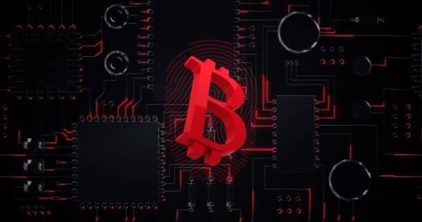 Animering Röd Bitcoin Symbol Med Grön Digital Fingeravtryck Blinkar Över — Stockvideo