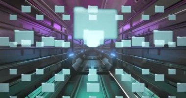 Dijital tünel üzerinde veri işleme, simgeler ve asma kilit ile dijital arayüzün animasyonu. Dijital ağ teknolojisi güvenlik konsepti dijital olarak oluşturuldu.