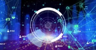 5G metin animasyonu kapsamda daire şeklinde yazılmış, bağlantı ağı 3D şehir manzarası. Beşinci nesil mobil telekomünikasyon ağı teknolojisi arayüzü kavramı dijital olarak oluşturuldu.