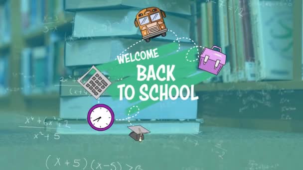 Animación Digital Welcome Back School Text School Concept Icons Mathematical — Vídeos de Stock