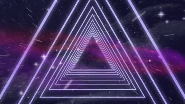 Animation Multiple Glowing Neon Purple Triangles Glowing Spots Light Stars — Stock Video