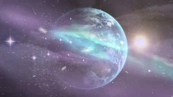 Animering Planeten Jorden Snurrar Med Flera Ljusspår Med Glödande Fläckar — Stockvideo