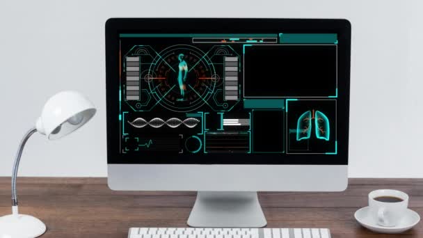 Animazione Digitale Elaborazione Dati Interfaccia Digitale Schermo Computer Tavolo Legno — Video Stock