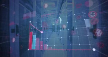 Sunucu odasındaki grafikler ve koronavirüs hücreleriyle dijital arayüzün animasyonu. Dijital ağ teknolojisi güvenlik konsepti dijital olarak oluşturuldu.