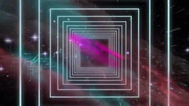 Çoklu parlayan neon yeşil karelerin animasyonu, pembe bulutlar, parlayan ışık noktaları ve hipnotik hareketle kusursuz bir döngü içinde hareket eden yıldızlar. Renk ve hareket kavramı dijital olarak oluşturuldu.