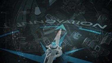 Finansal veri işleme animasyonu arka plandaki bir şehrin havadan görüntüsü üzerinde. Küresel işletme finans ağı arayüzü dijital bileşimi.