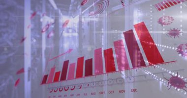 Sunucu odasındaki grafikler ve koronavirüs hücreleriyle dijital arayüzün animasyonu. Dijital ağ teknolojisi güvenlik konsepti dijital olarak oluşturuldu.