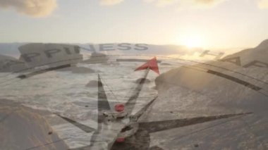 Arka planda güneş doğarken deniz ve kıyı üzerinde finansal veri işleme animasyonu. Küresel işletme finans ağı arayüzü dijital bileşimi.