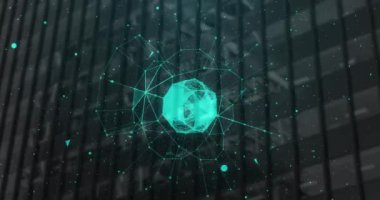 Dönen kürenin animasyonu ve modern bina üzerindeki bağlantı ağı. Dijital ağ teknolojisi konsepti dijital olarak oluşturuldu.