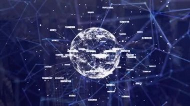 Modern binalar üzerinde yüzen dijital bağlantı ağının ve dönen dünyanın animasyonu. Dijital ağ teknolojisi finansman konsepti dijital olarak oluşturuldu.