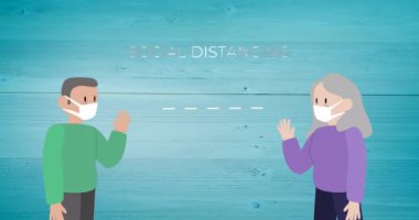 Mavi ahşap arka planda sallanan maske takan insanların sosyal mesafeli konuşmalarının animasyonu. Coronavirus Covid 19 salgın konsepti dijital olarak oluşturulmuş görüntü.