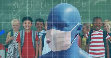 Coronavirus Covid 19 hücrenin animasyonu okul öğrencilerinin sınıfına grafikler, çizelgeler ve maskeli insan kafası modelleriyle yayılıyor. Coronavirus Covid 19 salgın konsepti dijital olarak oluşturulmuş görüntü.