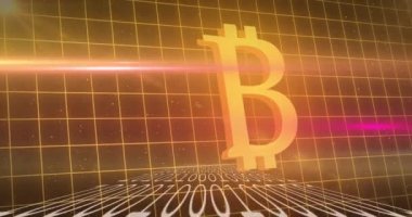 Arka plandaki ızgarada altın bitcoin sembolü üzerinde ikili kodlama işleminin animasyonu. Küresel finans sektörü kripto piyasa konsepti dijital olarak oluşturulmuş görüntü.
