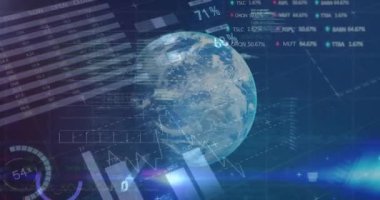 Grafiklerin, grafiklerin, finansal verilerin ve karanlık arka planda hareket eden dijital arayüzün animasyonu. Küresel dijital finans ağı konsepti dijital bileşik.