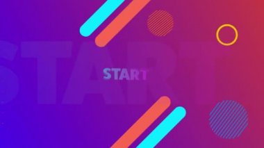 Dipsiz döngü içinde hareket eden çoklu soyut şekillere sahip gradyan mor harflerle başlayan video oyunu ekranının animasyonu. Video oyunu konsepti dijital olarak oluşturuldu.