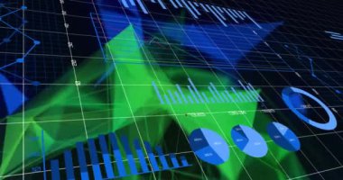 Siyah arkaplanda şekilleri birbirine bağlayan ağ üzerinden grafik ve veri işleme ile dijital arayüzün animasyonu. Dijital ağ teknolojisi konsepti dijital olarak oluşturuldu.