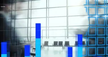 Dünya haritasının animasyonu ve bar grafik dijital arayüzü hızlı hareket eden büyük bir binanın girişinde yürüyen iş adamları üzerinde. Küresel seyahat dijital ağ konsepti dijital olarak birleşik.