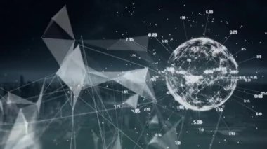 Modern binalar üzerinde yüzen dijital bağlantı ağının ve dönen dünyanın animasyonu. Dijital ağ teknolojisi finansman konsepti dijital olarak oluşturuldu.