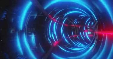 Dijital tünel üzerinde veri işleme ve dönen koronavirüs hücresiyle dijital arayüzün animasyonu. Dijital olarak üretilen küresel koronavirüs pandemik konsepti.