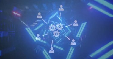 Dijital tünel üzerinde yüzen ikonlar ve dairelerle dijital arayüzün animasyonu. Dijital ağ teknolojisi konsepti dijital olarak oluşturuldu.