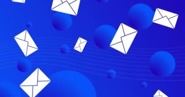 Mavi arkaplandaki mavi kürelerin üzerine düşen zarfların birden fazla simgesinin canlandırılması. Dijital ağ teknolojisi konsepti dijital olarak oluşturuldu.