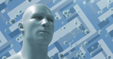 Covid-19 hücrelerinin dijital animasyonu ve Coronavirus konsept metinlerine karşı 3 boyutlu insan yüzü modeli. Coronavirus Covid-19 salgın konsepti