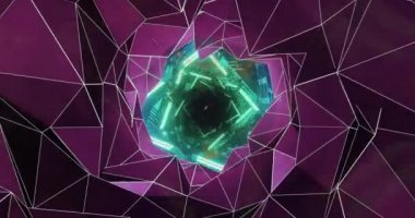 Soyut kaleydoskop geometrik parlak neon şekillerin hipnotik hareketlerle kusursuz döngü içinde hareket etmesinin animasyonu. Dijital olarak oluşturulmuş soyut hareket kavramı.