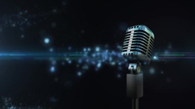 Parlak mavi arka planda hipnotik hareketle hareket eden titreşen ışık noktalarıyla retro mikrofon animasyonu. Klasik müzik eğlence konsepti dijital olarak oluşturulmuş görüntü.