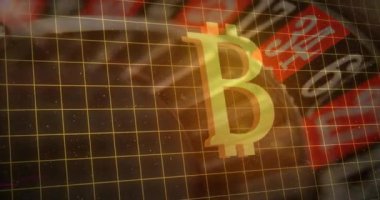 Arka planda hareket eden ruletin üzerindeki altın bitcoin sembolünün animasyonu. Küresel finans sektörü kripto piyasa konsepti dijital olarak oluşturulmuş görüntü.