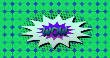 Wow 'un animasyonu! Mavi arka planda hipnotik hareketlerle hareket eden kaleydoskop şekilleri üzerinde retro konuşma baloncuğuna yeşille yazılmış metin. Vintage renk ve hareket konsepti dijital olarak oluşturuldu.