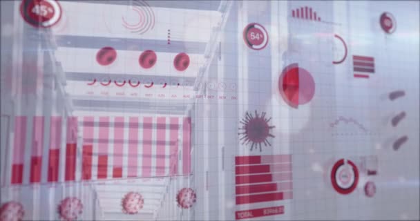 Анимация Цифрового Интерфейса Графиками Коронавирусными Клетками Над Серверной Глобальная Концепция — стоковое видео