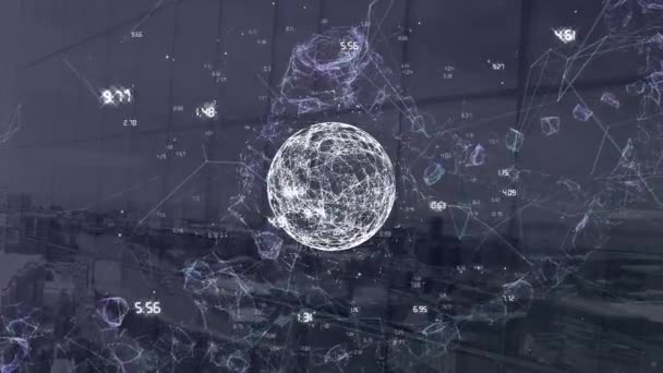 Анімація Плаваючої Цифрової Мережі Язків Обертання Глобусу Над Сучасною Будівлею — стокове відео