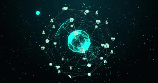 Animation Eines Digitalen Netzwerks Von Verbindungen Mit Symbolen Und Rotierender — Stockvideo