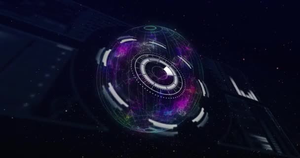 黒い背景の上にグラフ上に回転球と形状を持つデジタルインターフェイスのアニメーション グローバルデジタルネットワーク技術の概念デジタル生成画像 — ストック動画