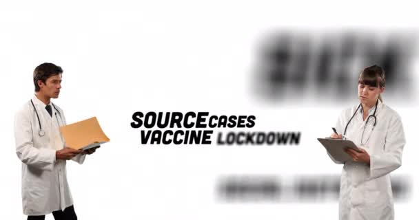 코로나 바이러스의 디지털 애니메이션 텍스트는 남성과 의사가 배경에 보고서를 확인하는 — 비디오