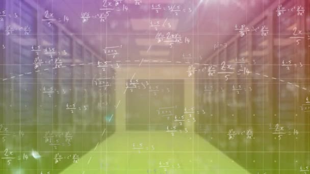 Animación Ecuaciones Matemáticas Que Aparecen Sobre Servidores Computadoras Sala Tecnología — Vídeos de Stock