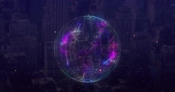 Animacja Wirującej Cyfrowej Sieci Połączeń Nad Nowoczesnymi Budynkami Globalna Koncepcja — Wideo stockowe