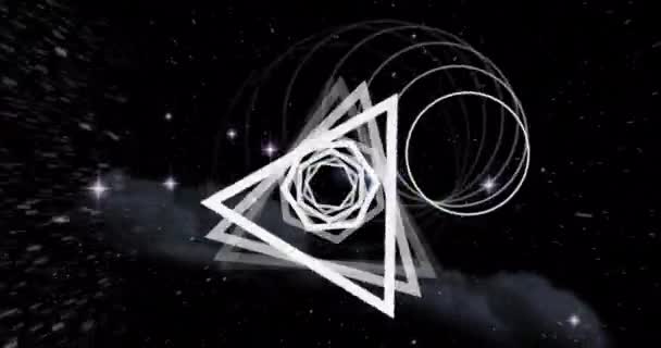 Animatie Van Meerdere Gloeiende Neon Witte Cirkel Driehoeken Zeshoeken Gloeiende — Stockvideo