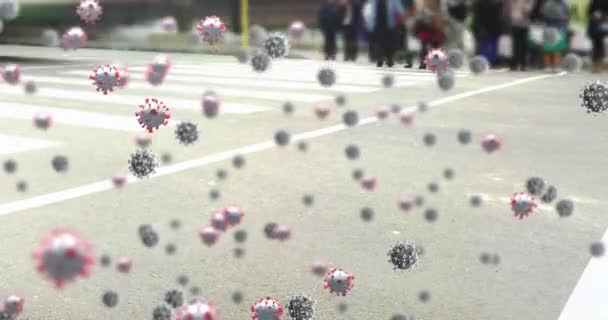 Animation Von Coronavirus Covid Zellen Über Menschen Die Auf Einem — Stockvideo