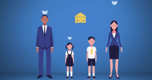 Animation Words Stay Home Stop Spread Family Φορώντας Μάσκες Μπλε — Αρχείο Βίντεο