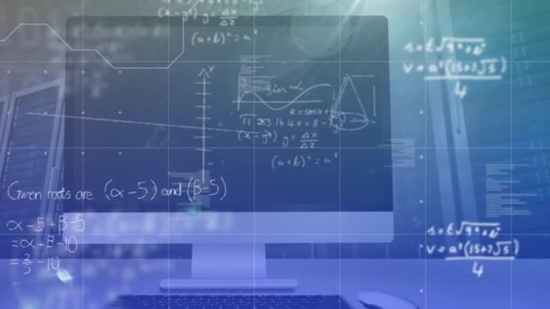 Animação Equações Matemáticas Que Aparecem Sobre Tela Computador Fundo Azul — Vídeo de Stock