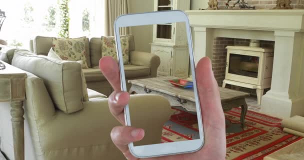 Animation Einer Hand Die Ein Smartphone Wohnzimmer Eines Luxushauses Hält — Stockvideo