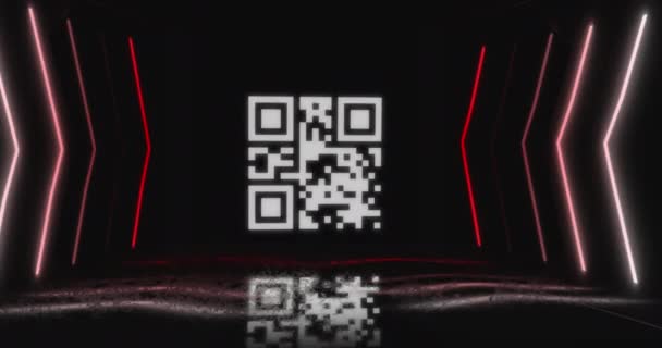 用黑色背景上的红色霓虹灯箭头对闪烁的白色Qr代码进行动画 信息接口数字计算机技术概念数字生成图像 — 图库视频影像