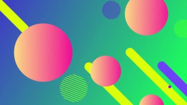 Çoklu geometrik şekillerin ve dairelerin animasyonu. Hipnotik hareketlerle yeşil ve mavi arka planda kusursuz bir döngü içinde hareket ediyorlar. Renk ışığı ve hareket kavramı dijital olarak oluşturuldu.