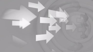 Arka planda pürüzsüz bir döngü içinde titreşen gri dairelerin üzerinden geçen birden fazla beyaz okun animasyonu. Renk ve hareket kavramı dijital olarak oluşturuldu.