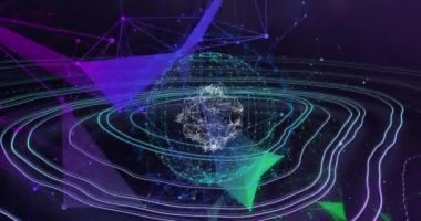 Hipnotize edici bir hareketle kusursuz döngü içinde hareket eden birden fazla yeşil ve mor çizgi ile dönen bağlantı ağına sahip dünyanın animasyonu. Renk ışığı ve hareket kavramı dijital olarak oluşturuldu.