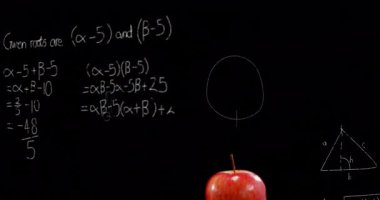 Elma, kalem ve defterlerin üzerinde yüzen matematik denklemlerinin animasyonu. Okul kavramına geri dönüş dijital olarak oluşturulan imaj.